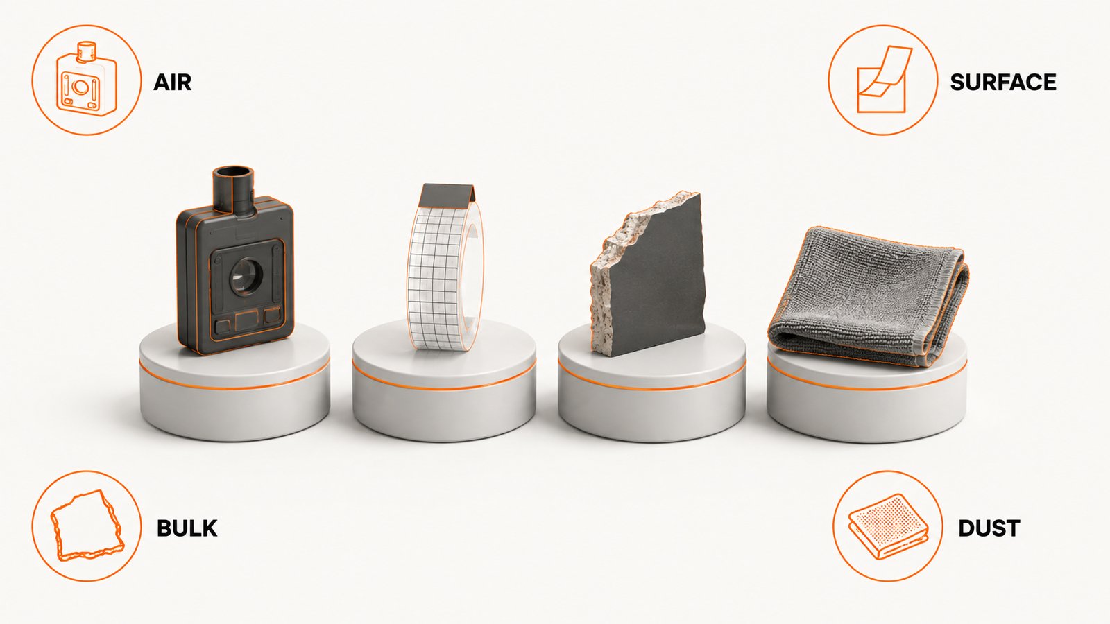 Air, surface, bulk and dust sampling compared by the question each one answers