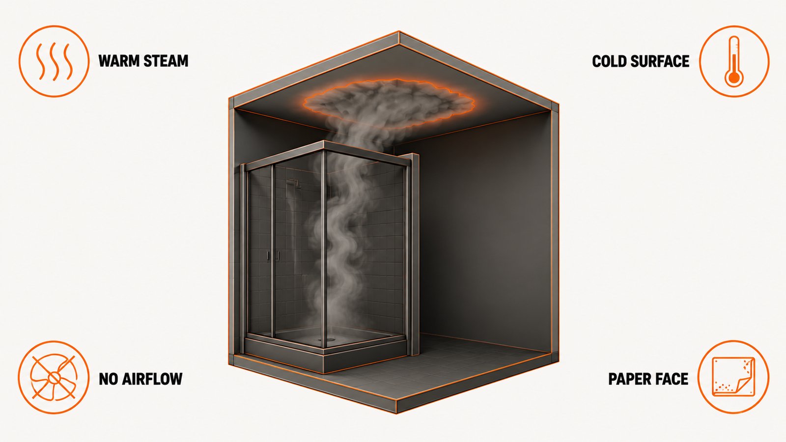 How shower steam rises and condenses on the coldest ceiling surface in a bathroom
