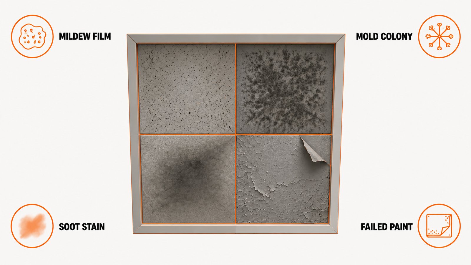 Four dark deposits that look identical on a bathroom ceiling but are not the same material