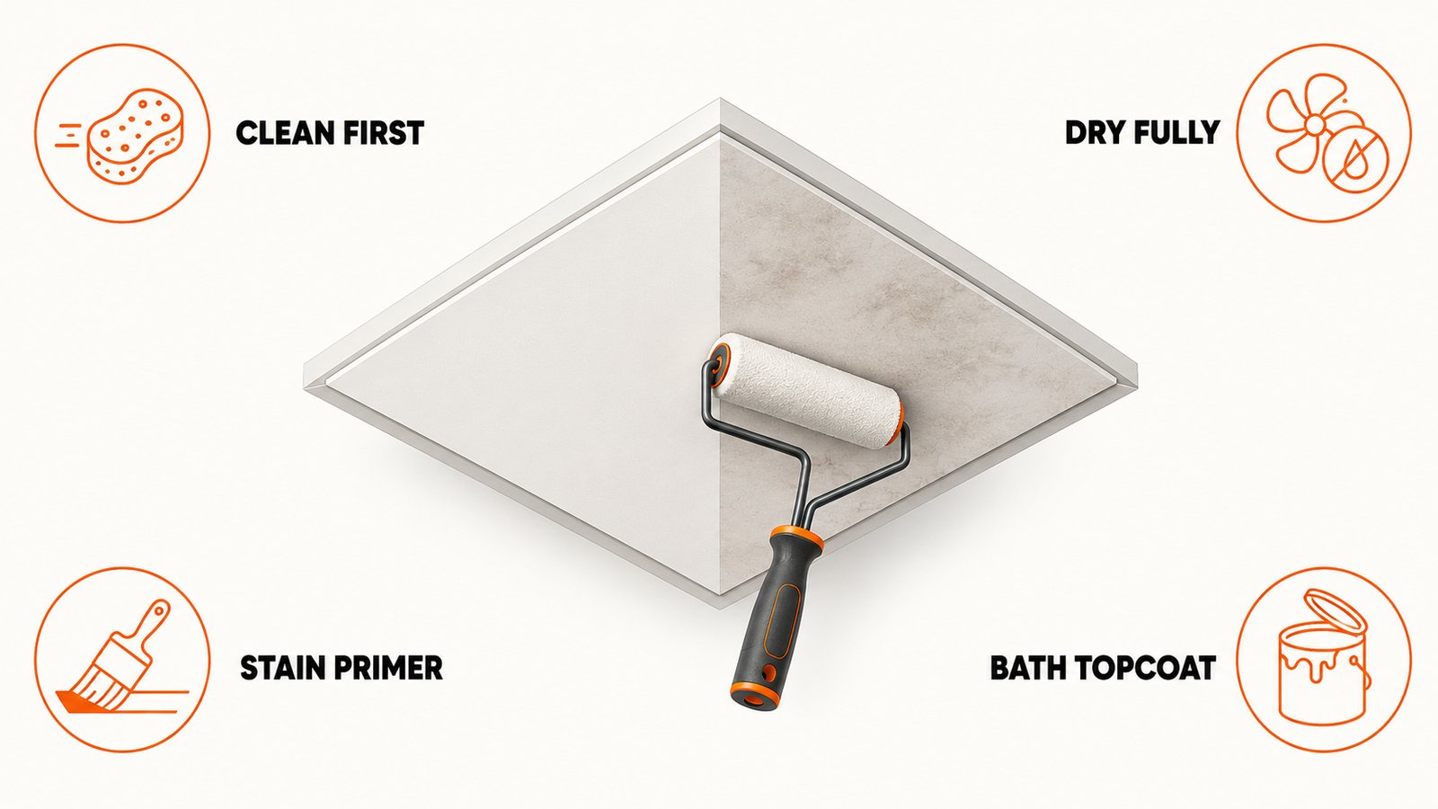 The sequence for repainting a bathroom ceiling once the moisture problem is fixed