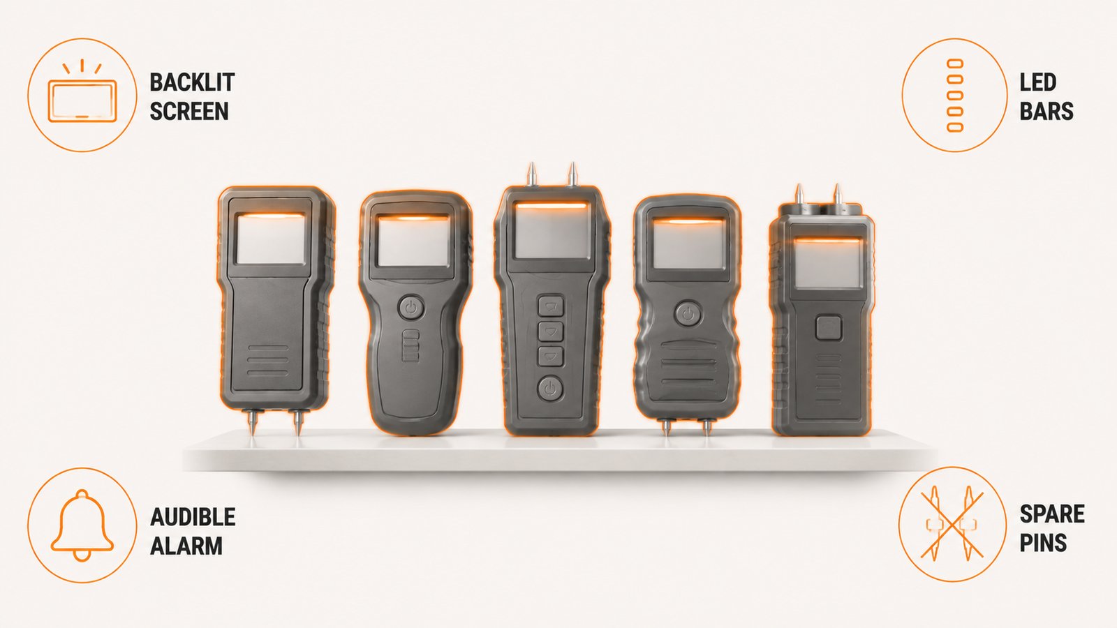 Five handheld moisture meters of different shapes standing in a row on a ledge