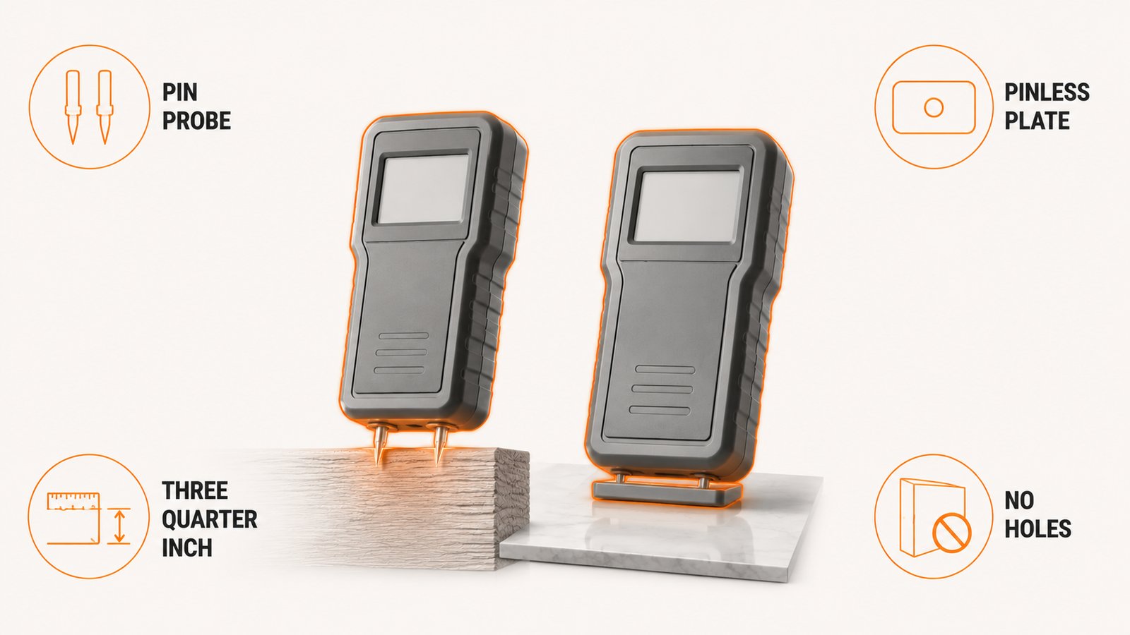 A pin moisture meter with probes in a material edge next to a pinless meter with a flat sensor plate on a wall