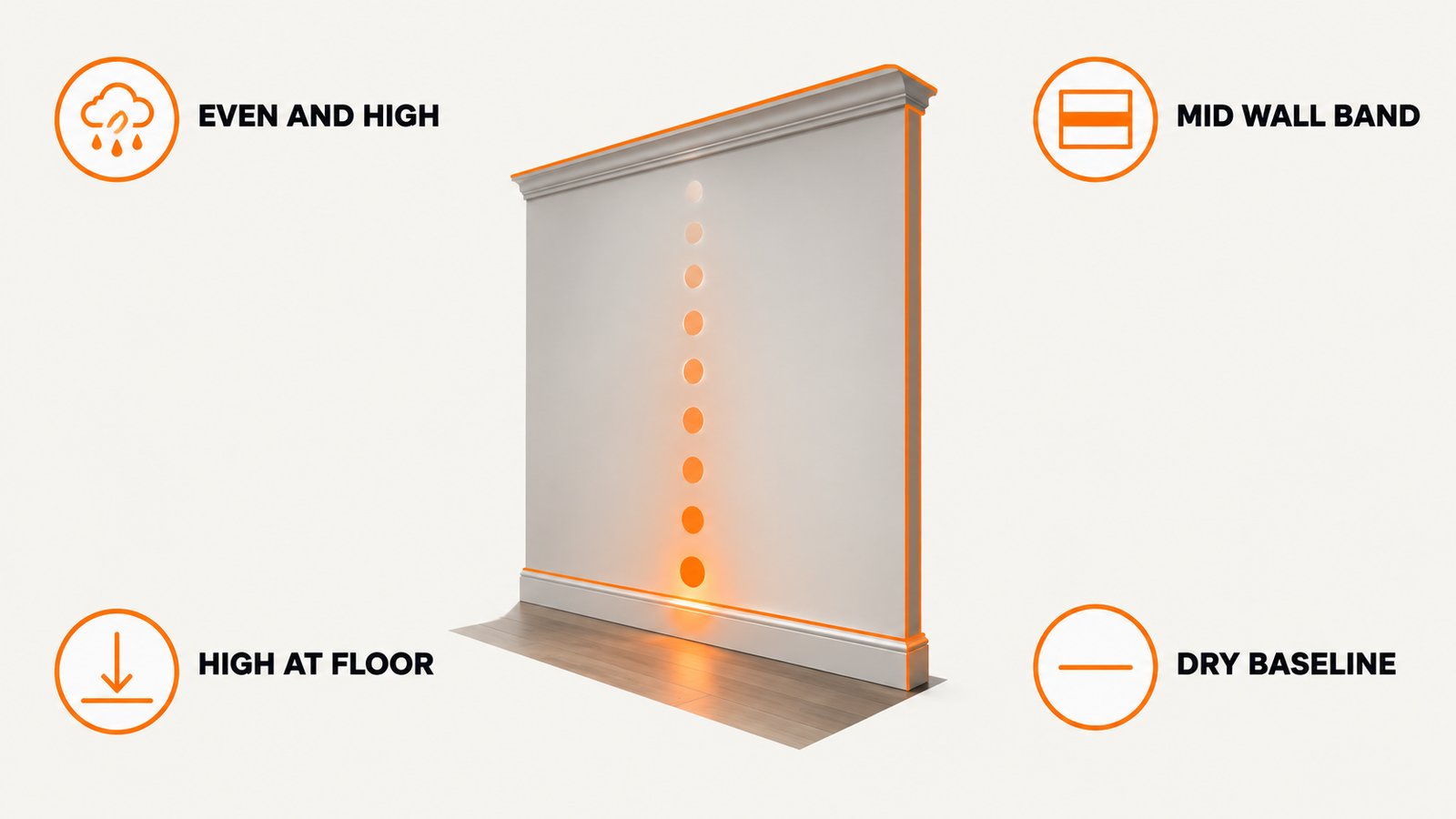 A wall elevation with reading points glowing brightest near the floor and fading upward