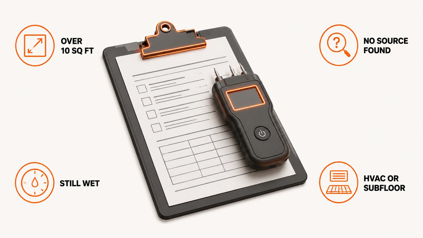 A clipboard with an inspection form and a moisture meter resting on top of it
