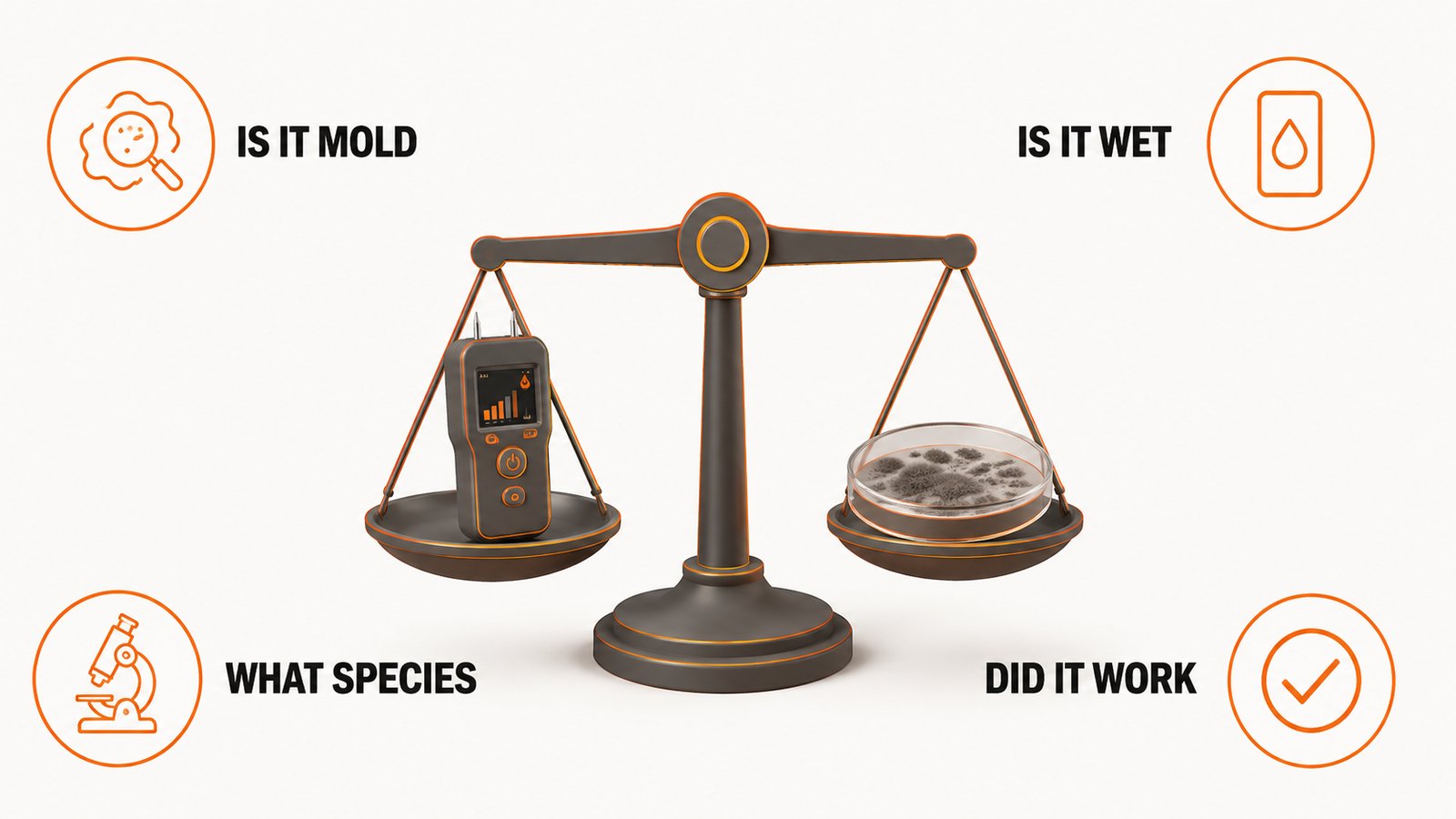 A balance scale weighing a handheld moisture meter against a covered petri dish test kit