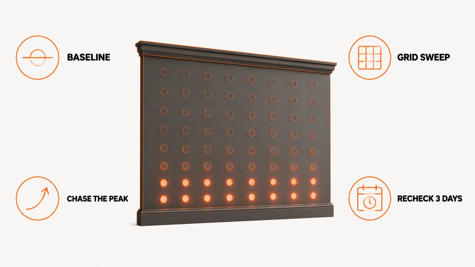 A wall elevation marked with a grid of moisture reading points, brighter near the floor line