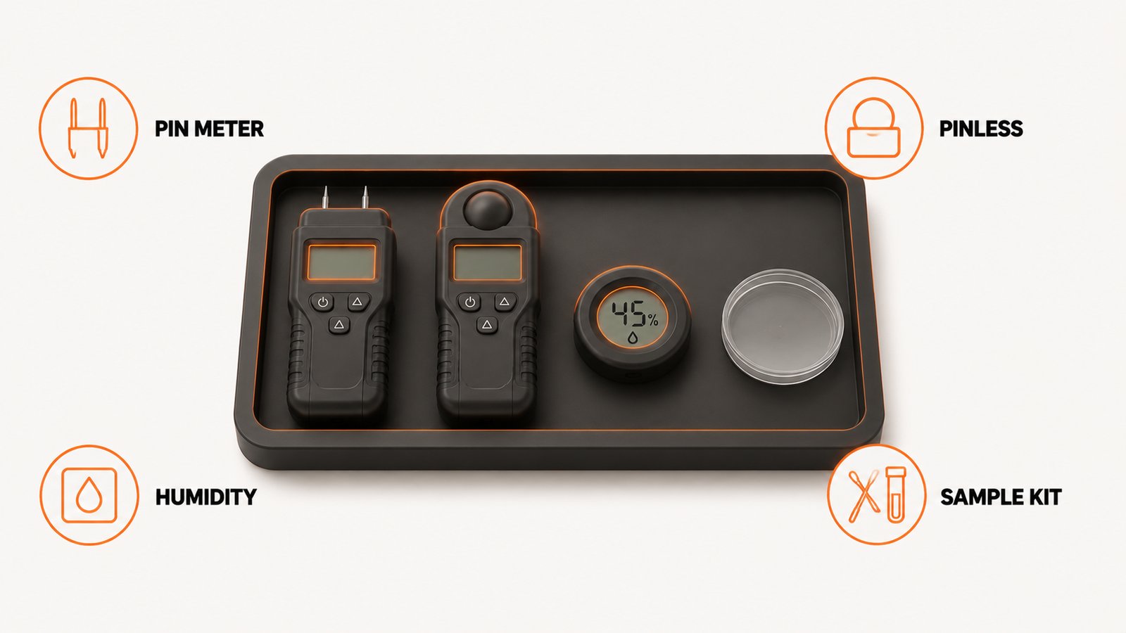 A tray holding a pin moisture meter, a pinless meter, a humidity puck, and a petri dish test kit