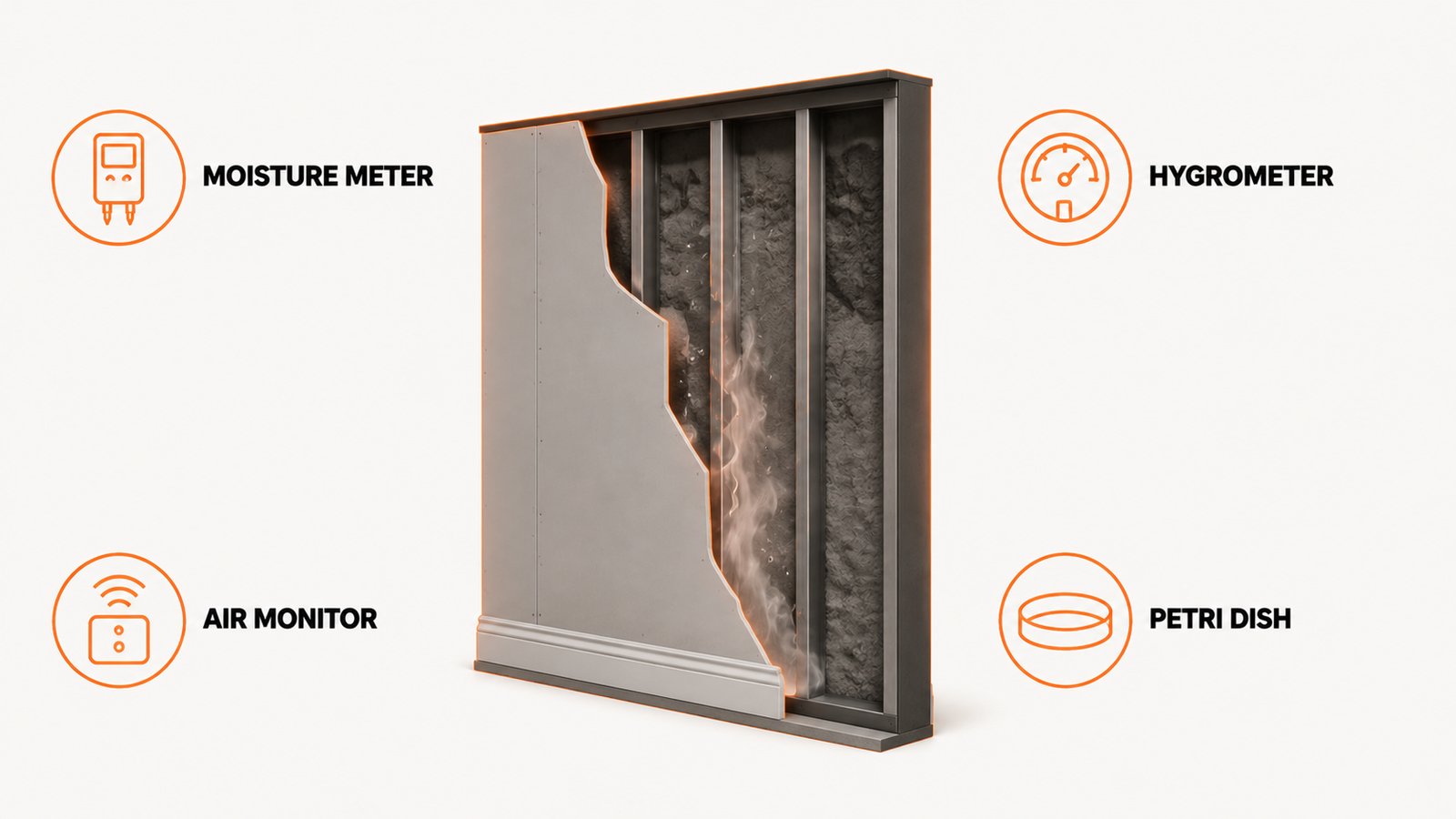 Four categories of mold detection tool: moisture meter, hygrometer, air quality monitor, and petri dish test kit
