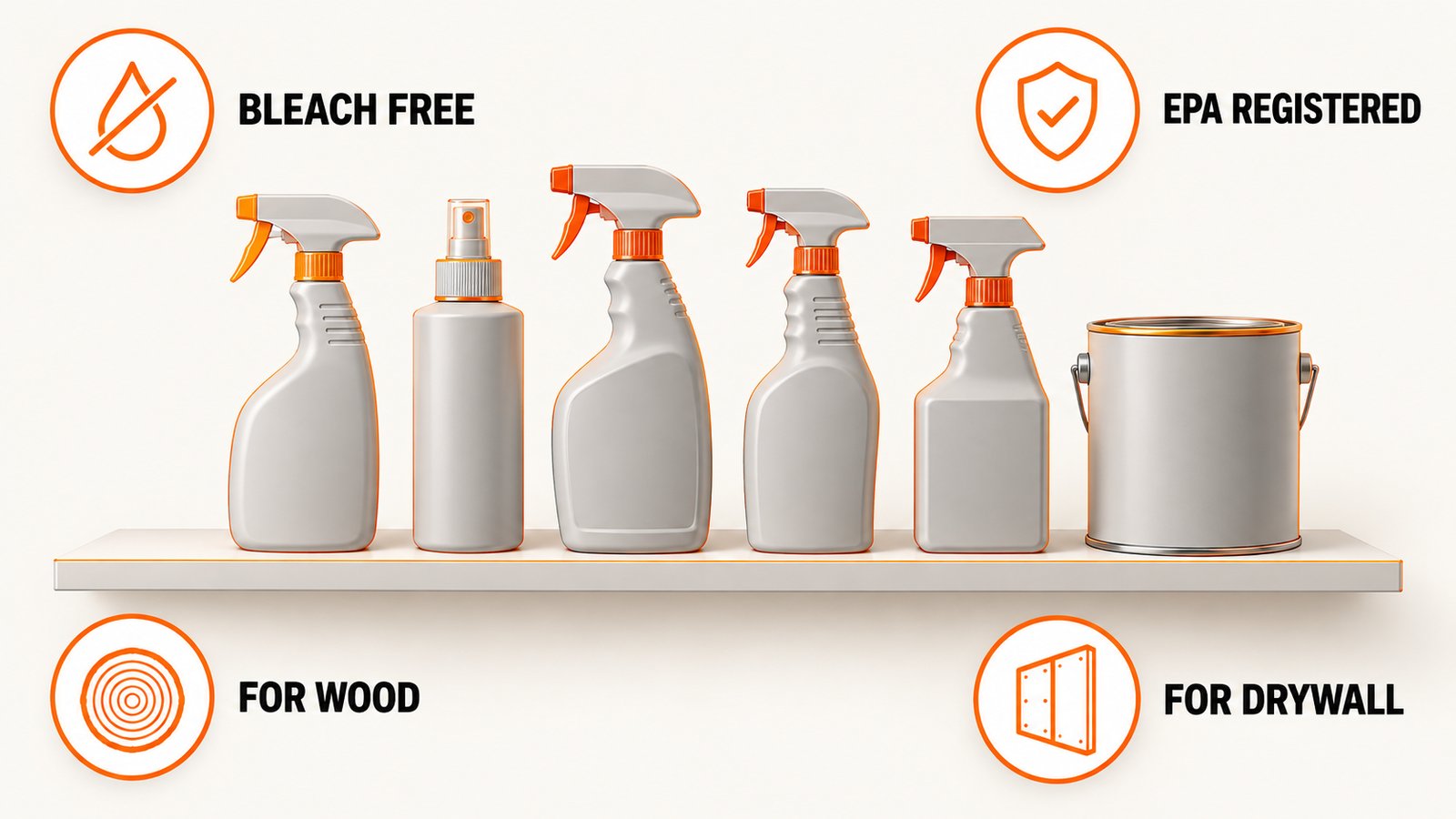 Five mold control products lined up, compared by EPA status and the surface each is built for