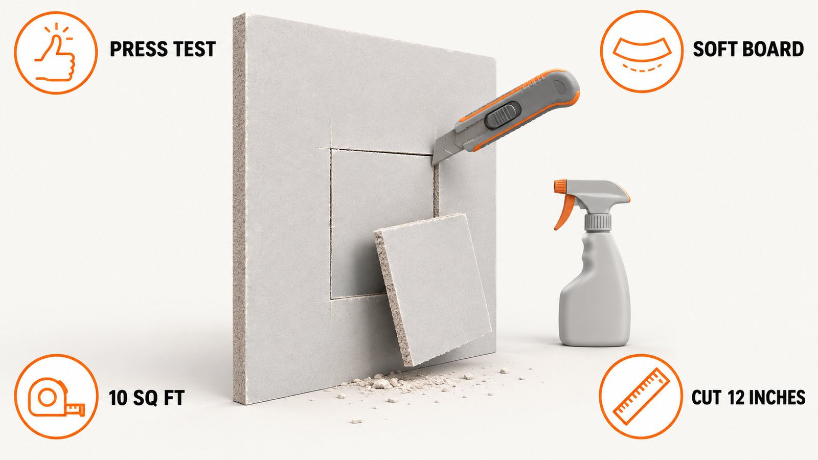 A utility knife cutting a square section out of a drywall panel beside a spray bottle set aside
