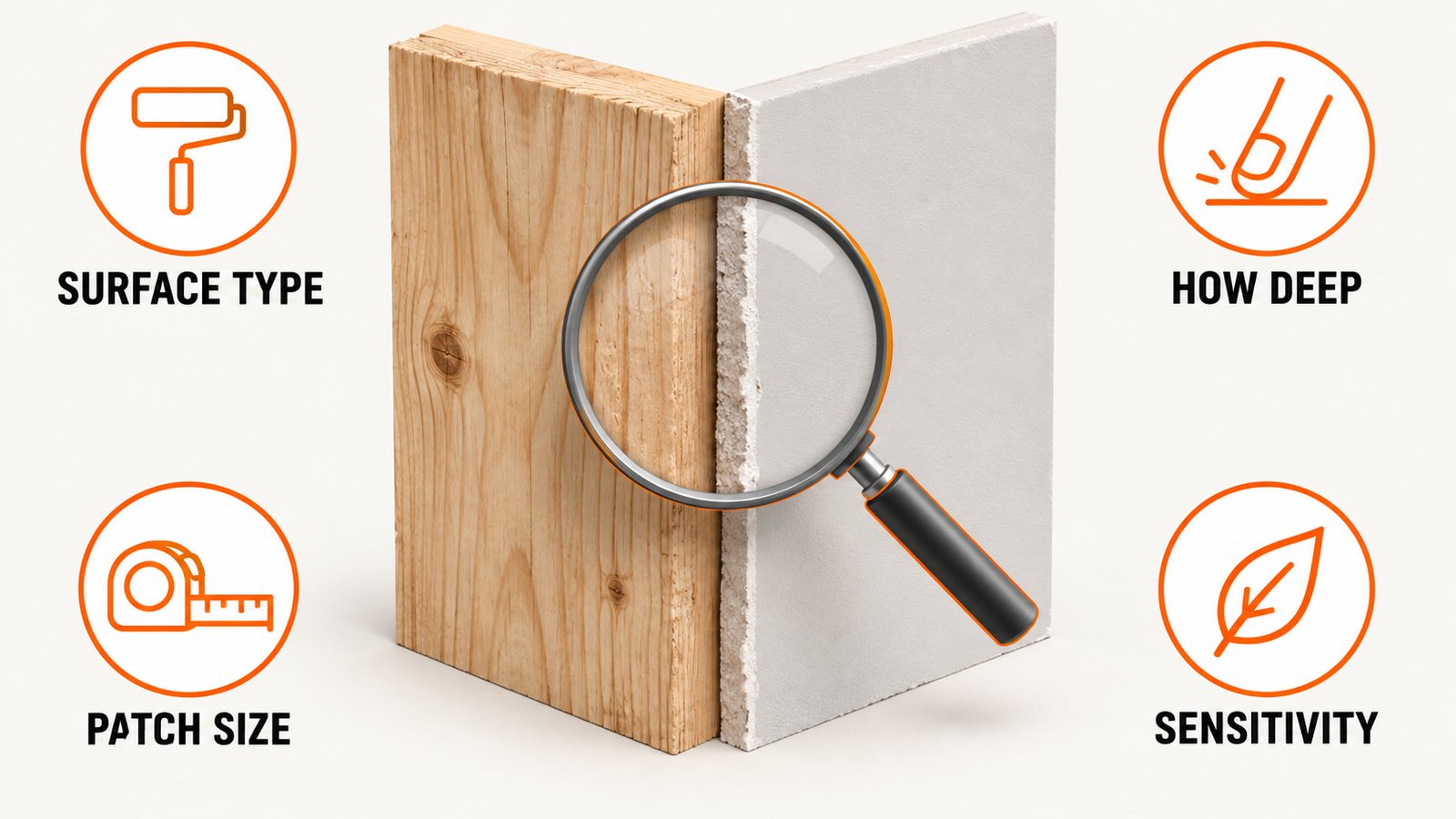 A raw wood board and a painted drywall panel side by side under a magnifying glass