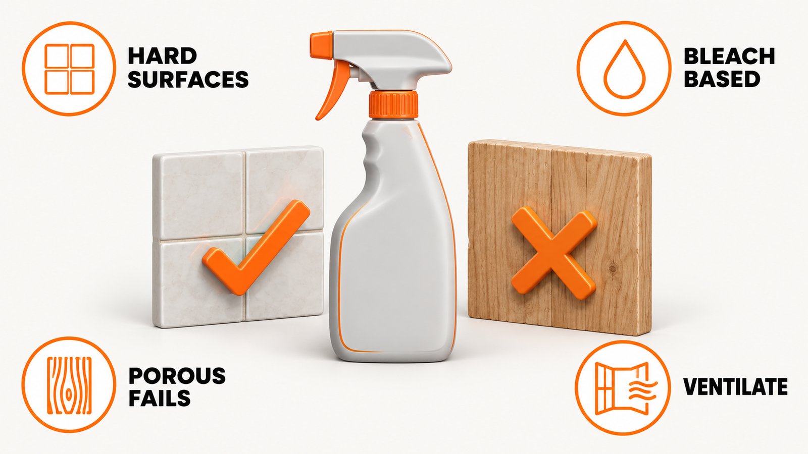 A bleach-based spray bottle beside a tile marked with a checkmark and a wood board marked with an x