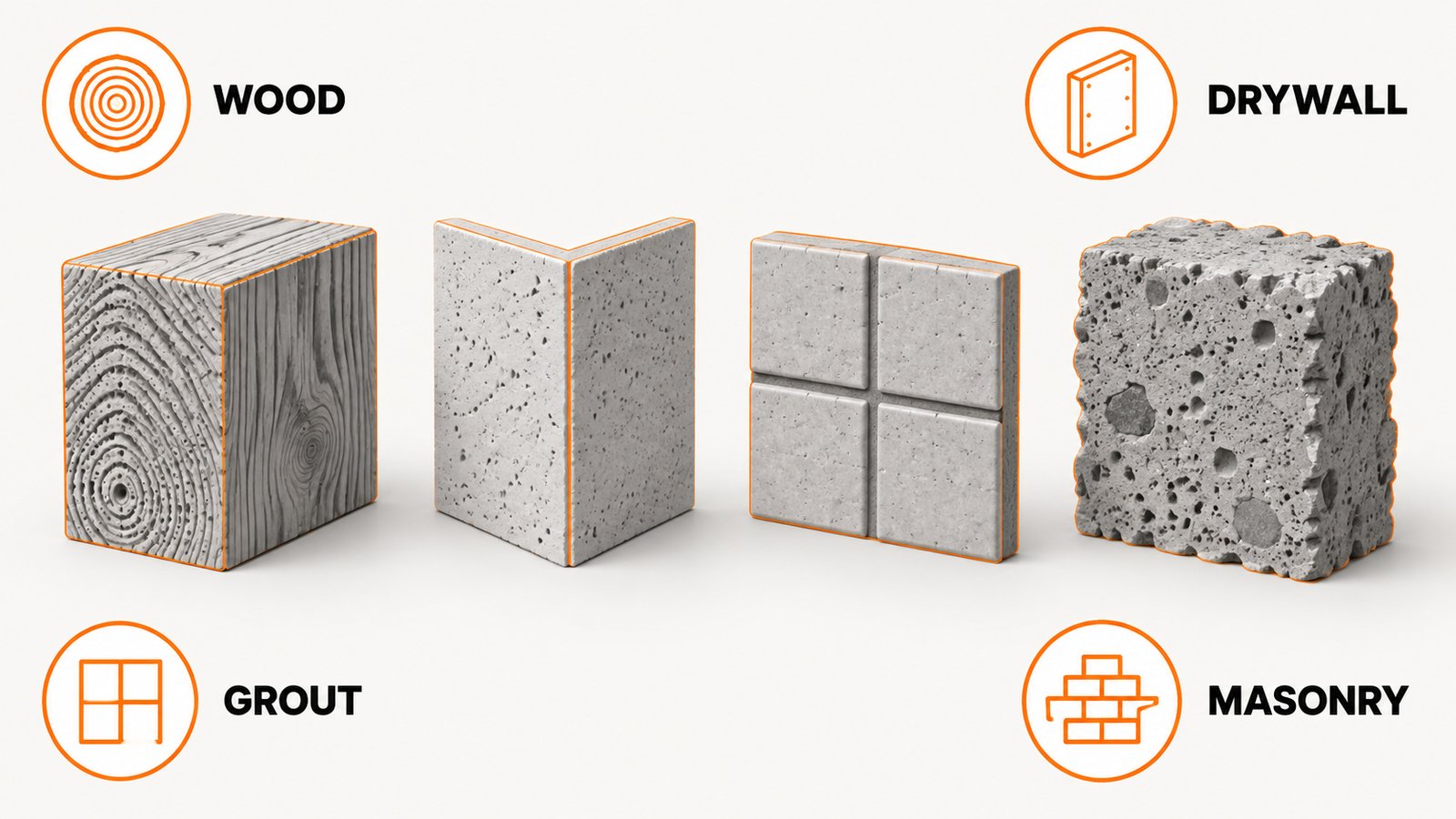 A wood block, a drywall corner, a grout tile, and a concrete chunk standing in a row