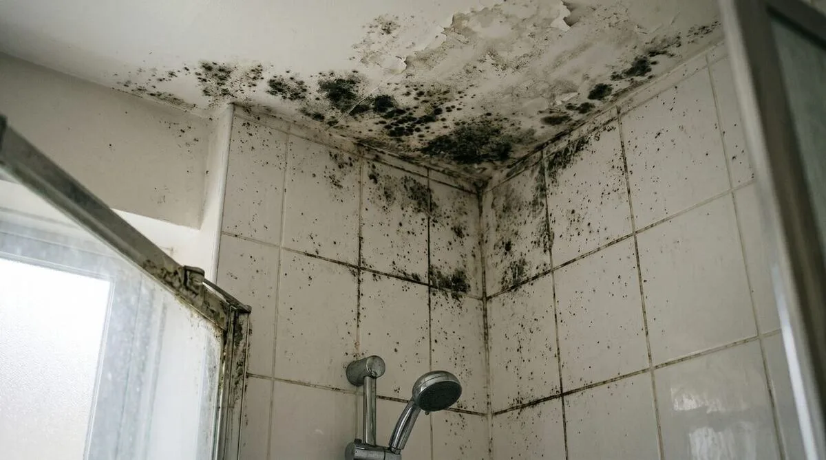 Black mold spreading across the ceiling and wall corner of a tiled bathroom shower