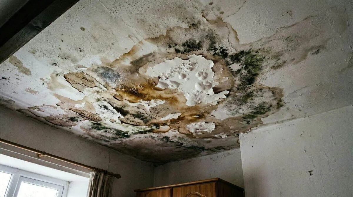Black mold spreading across a ceiling around a brown water stain from a leak