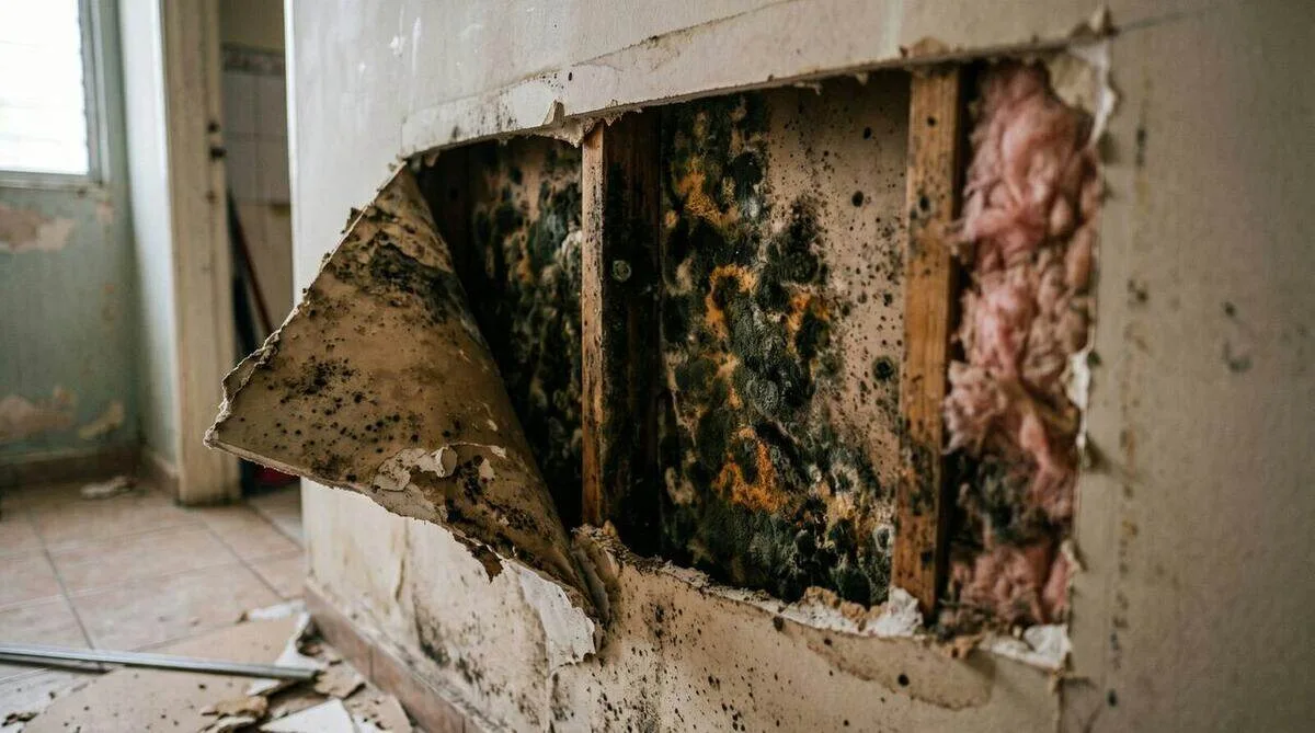 Heavy black mold on exposed drywall and the insulation behind it