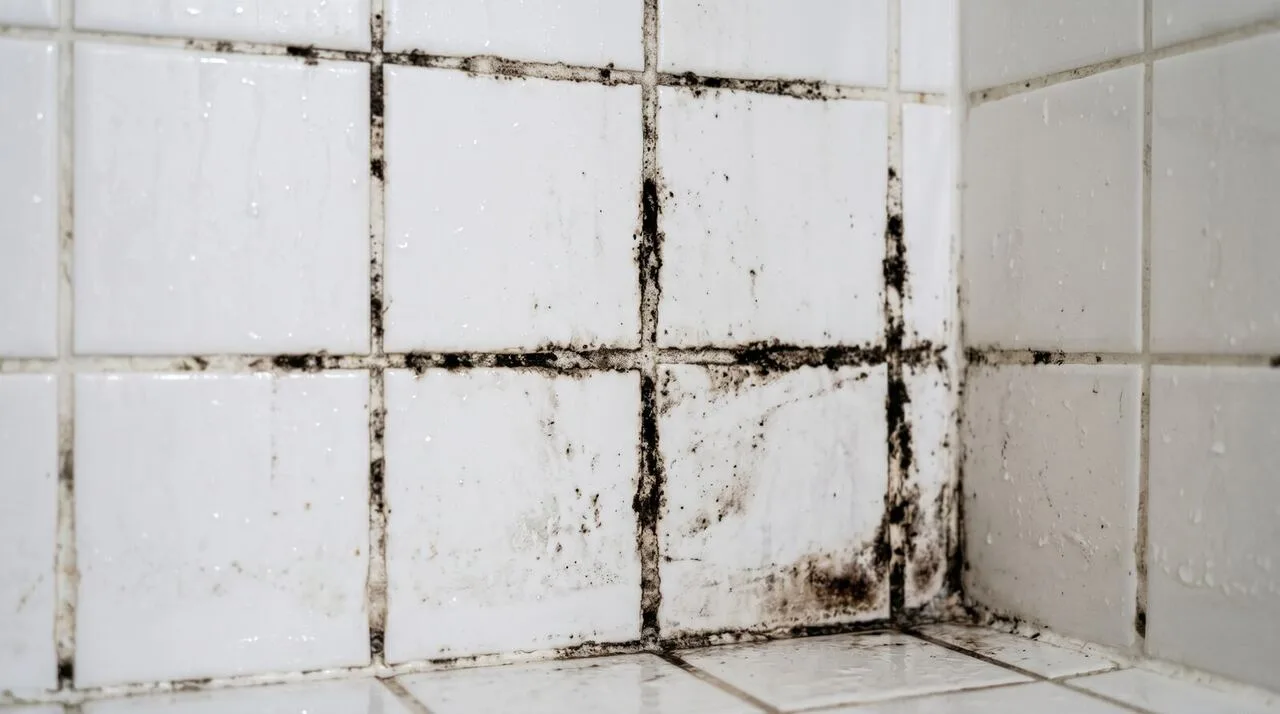 Real black mold along the grout and caulk lines of a tiled bathroom shower