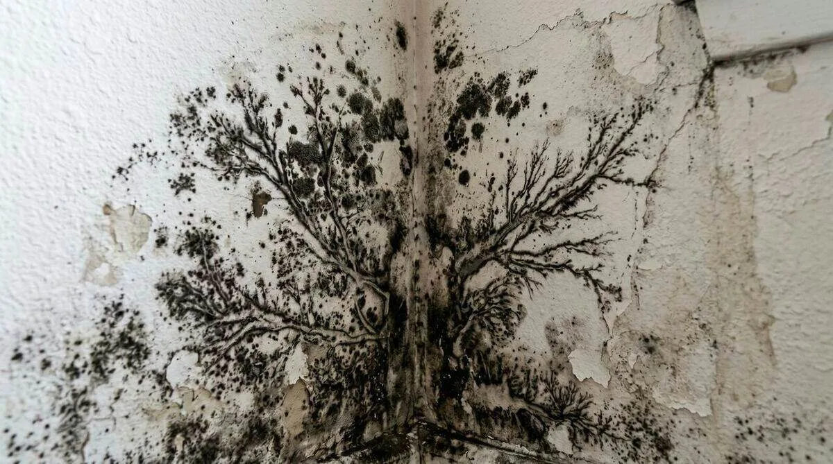 Black mold spreading in a branching, rooted pattern across a wall as it follows moisture