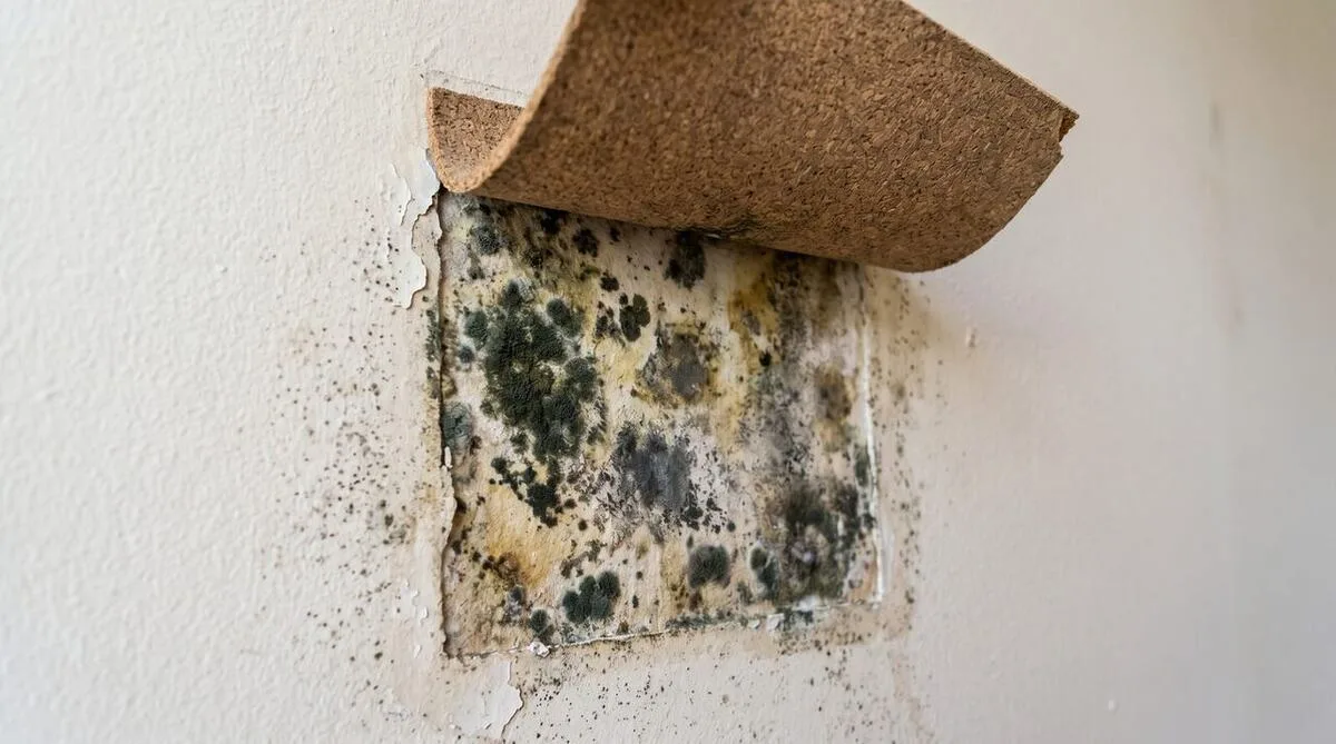 Close-up of real black mold growth revealed behind a peeling wall covering