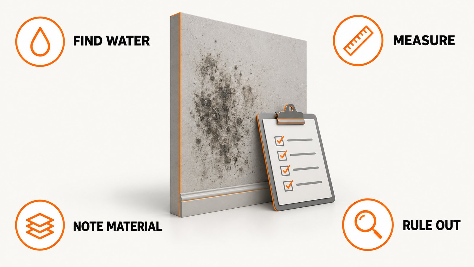 Checklist card beside a dark wall patch, a flashlight and a ruler
