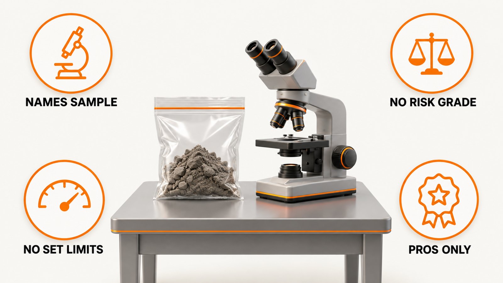 Sample swab, sealed sample bag and a microscope on a clean lab bench