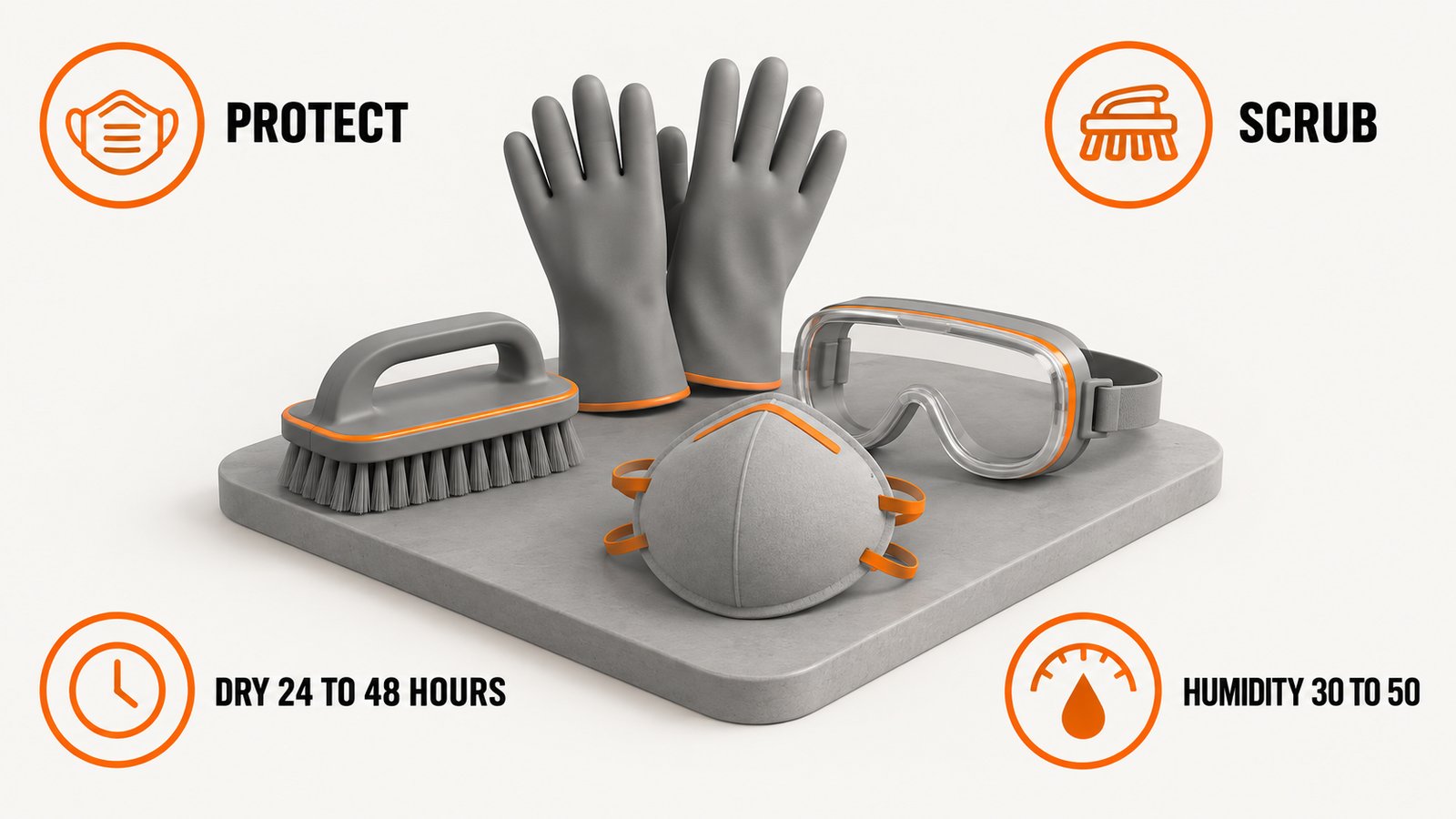 Scrub brush, gloves, goggles and an N-95 respirator laid out beside a bucket