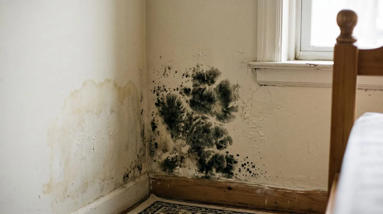 Black mold taking hold in the corner of an interior wall near a window