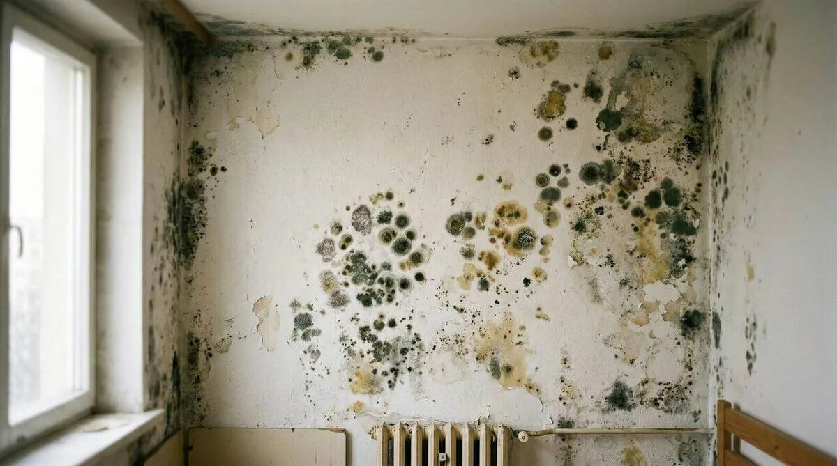 Black mold spreading across interior walls around a window where condensation collects