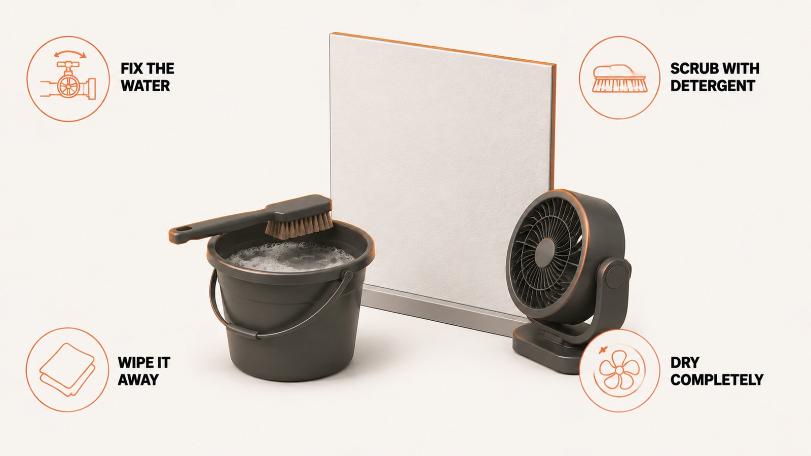 Bucket of soapy water with a scrub brush and a fan drying a cleaned surface