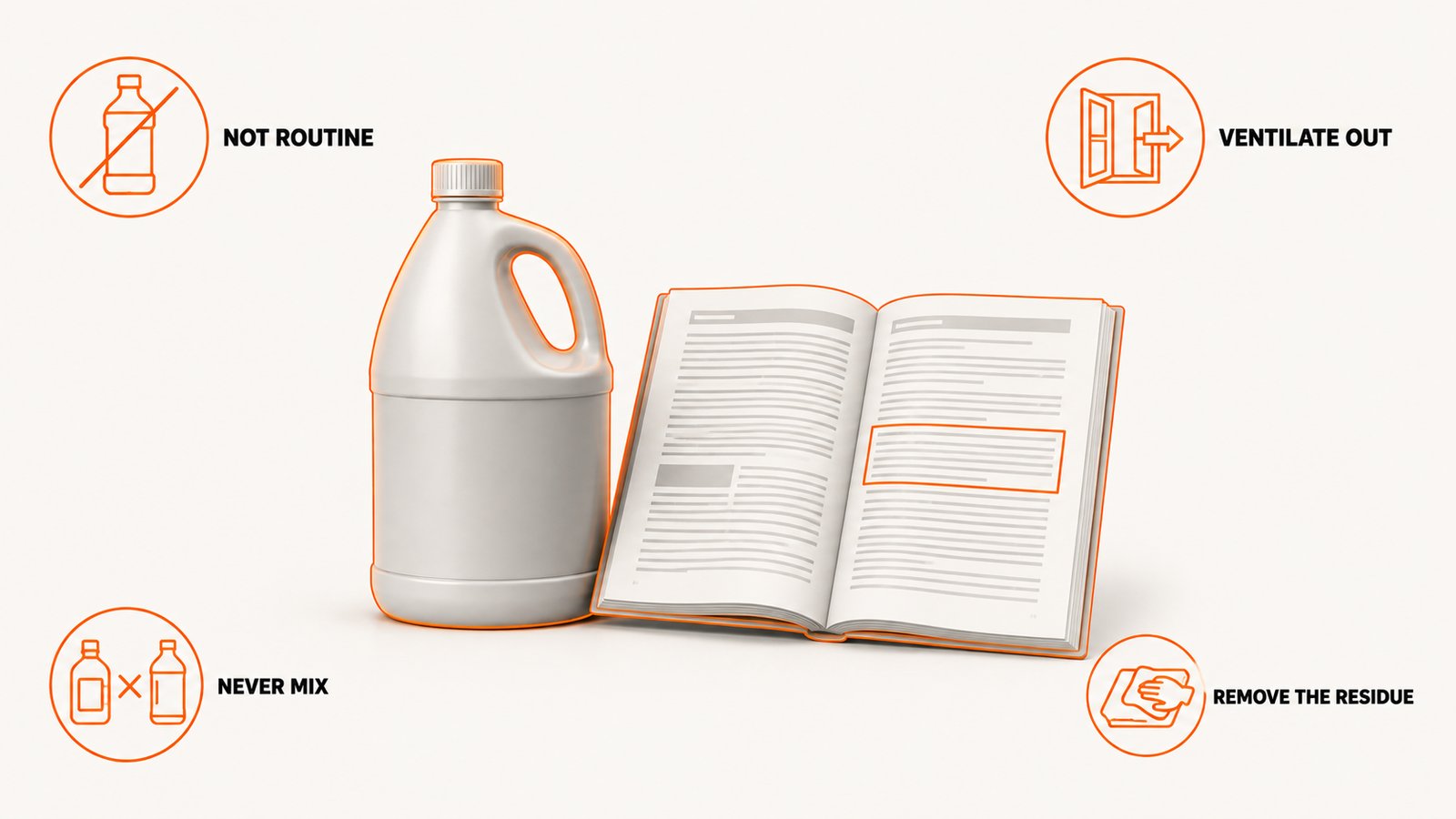 Bleach bottle beside an official guidance document with key points marked