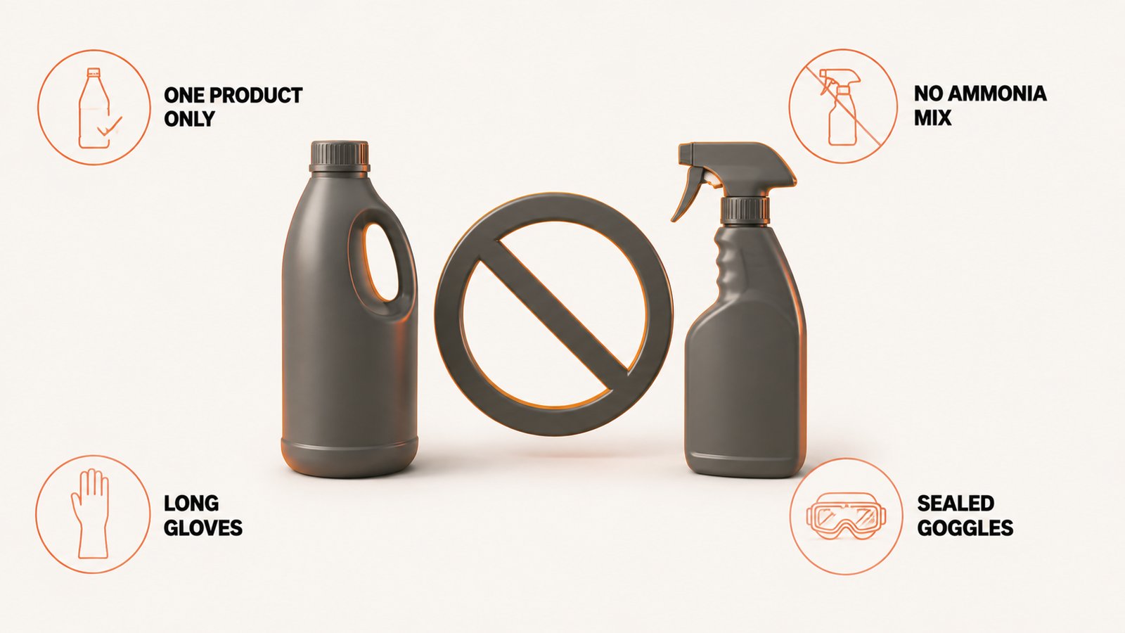 Two cleaning bottles with a prohibition symbol between them and a ventilation arrow
