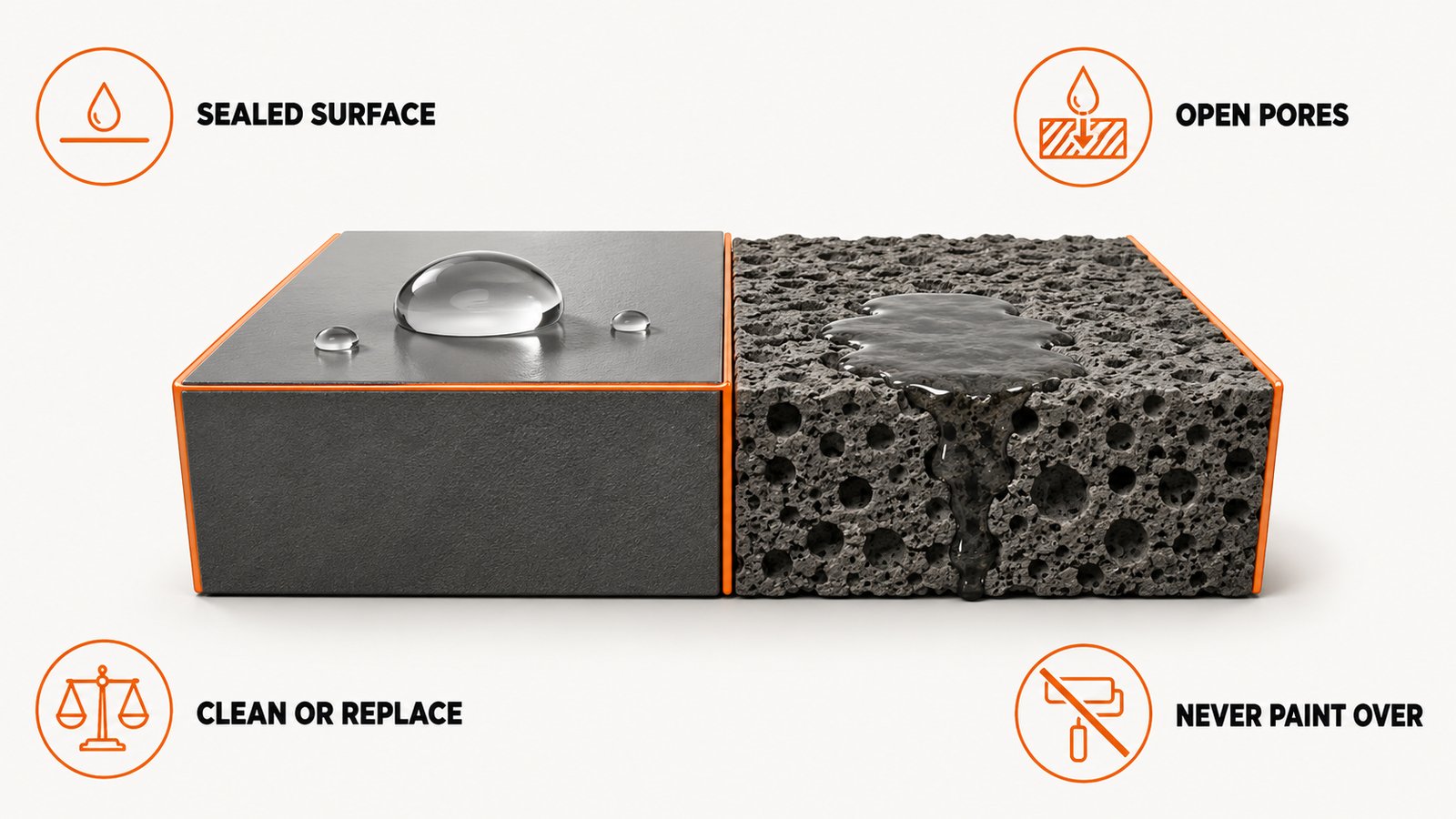 Cross section comparing a sealed tile surface with an open porous drywall edge