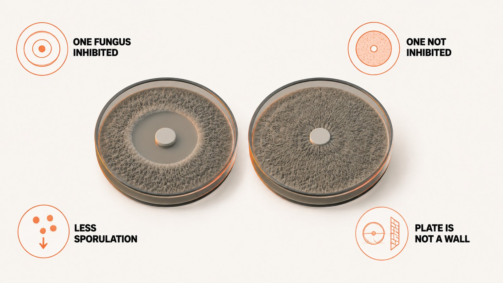 Laboratory dish diagram showing growth inhibition results for two fungal species