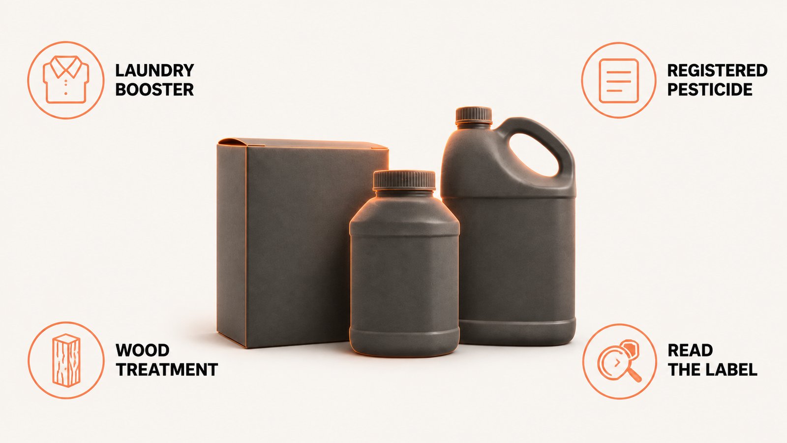 Three containers side by side representing a laundry carton, a registered pesticide bottle, and a wood treatment jug