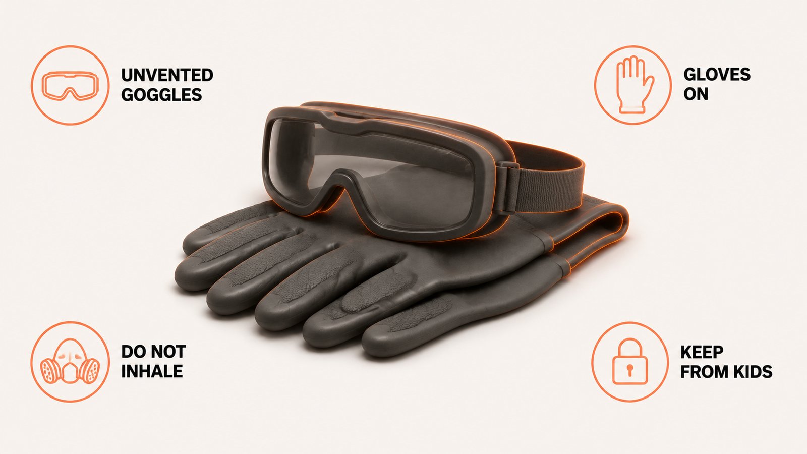 Sealed goggles resting on a folded pair of gloves