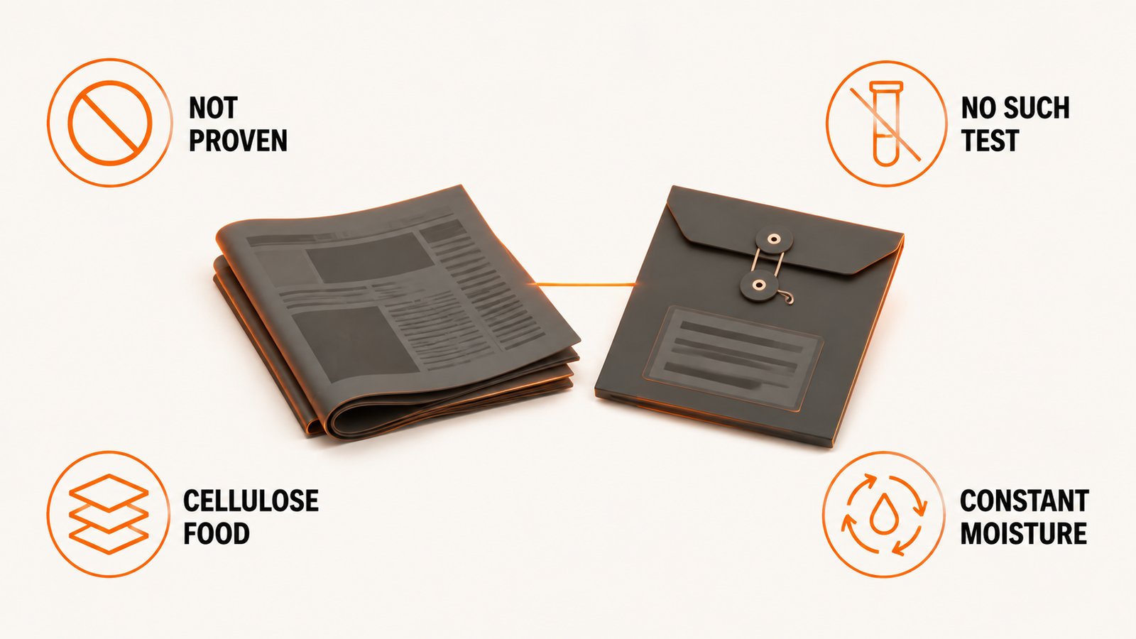 A folded newspaper beside a sealed evidence folder connected by a thin line