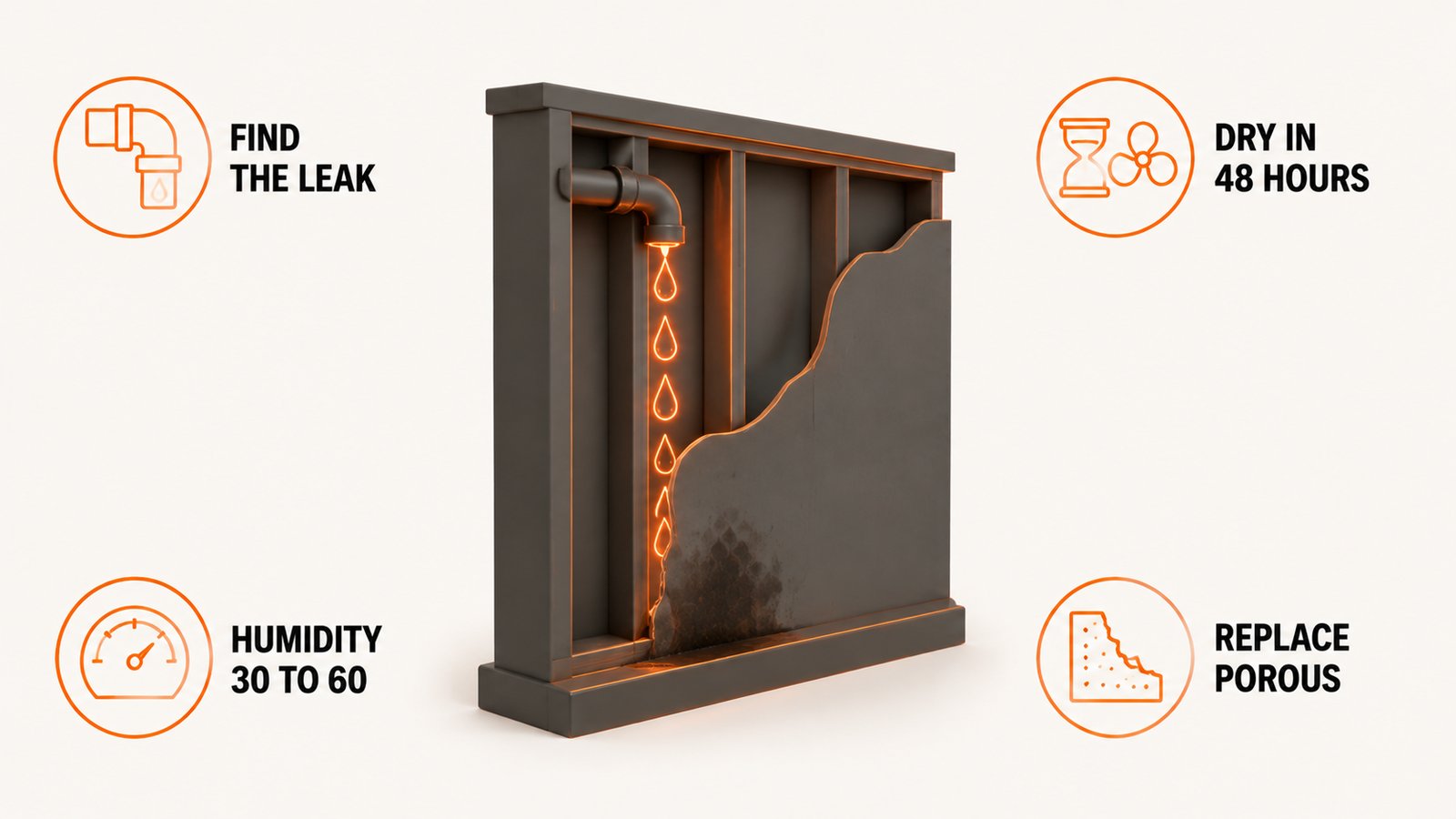 A cutaway wall with a water path tracing down from a pipe joint to a dark patch at the base