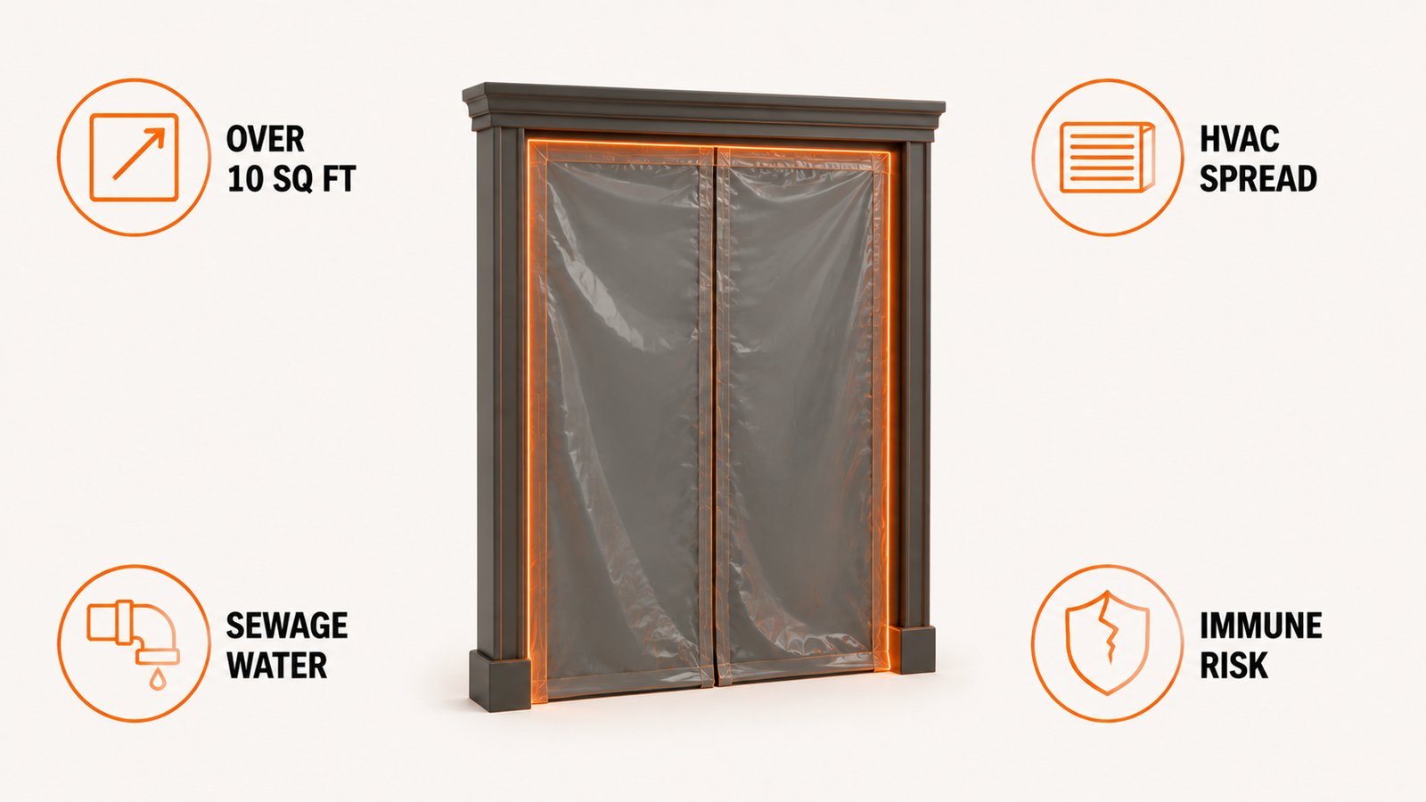 A doorway with a taped containment sheet across it