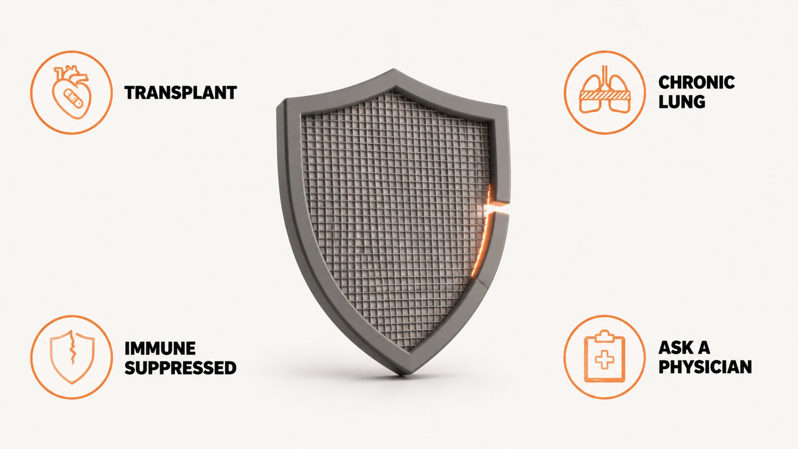 A shield with a mesh face and a gap along one edge, representing a weakened immune defense