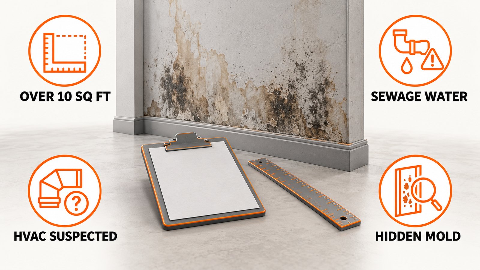 A clipboard and a ruler on a floor next to a stained wall