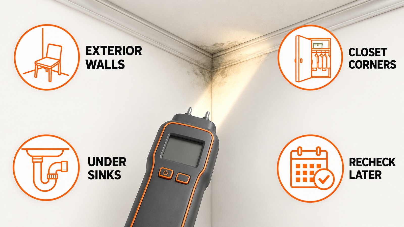 A flashlight and a moisture meter held toward a corner