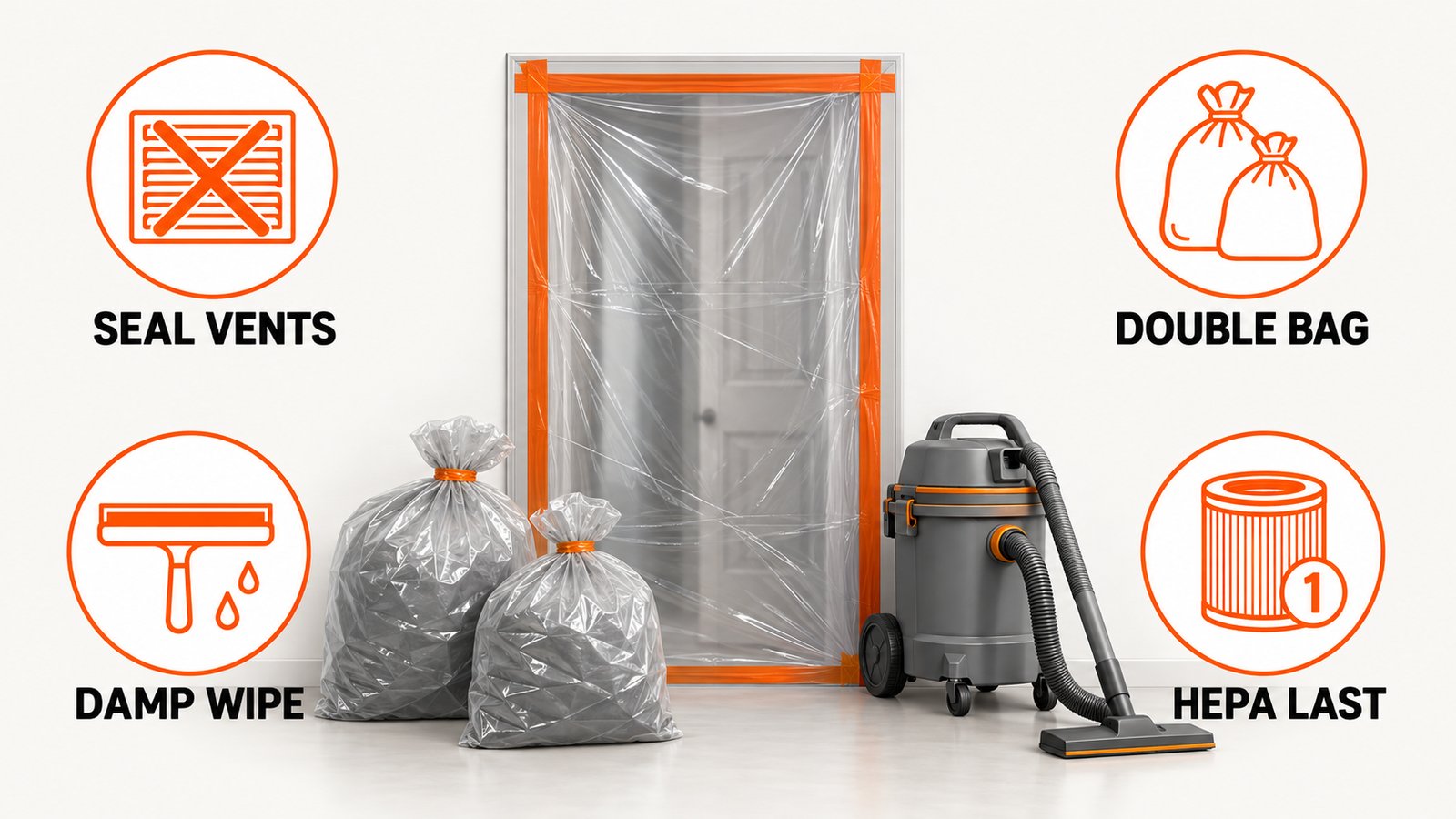 A taped plastic sheet over a doorway with sealed bags beside it