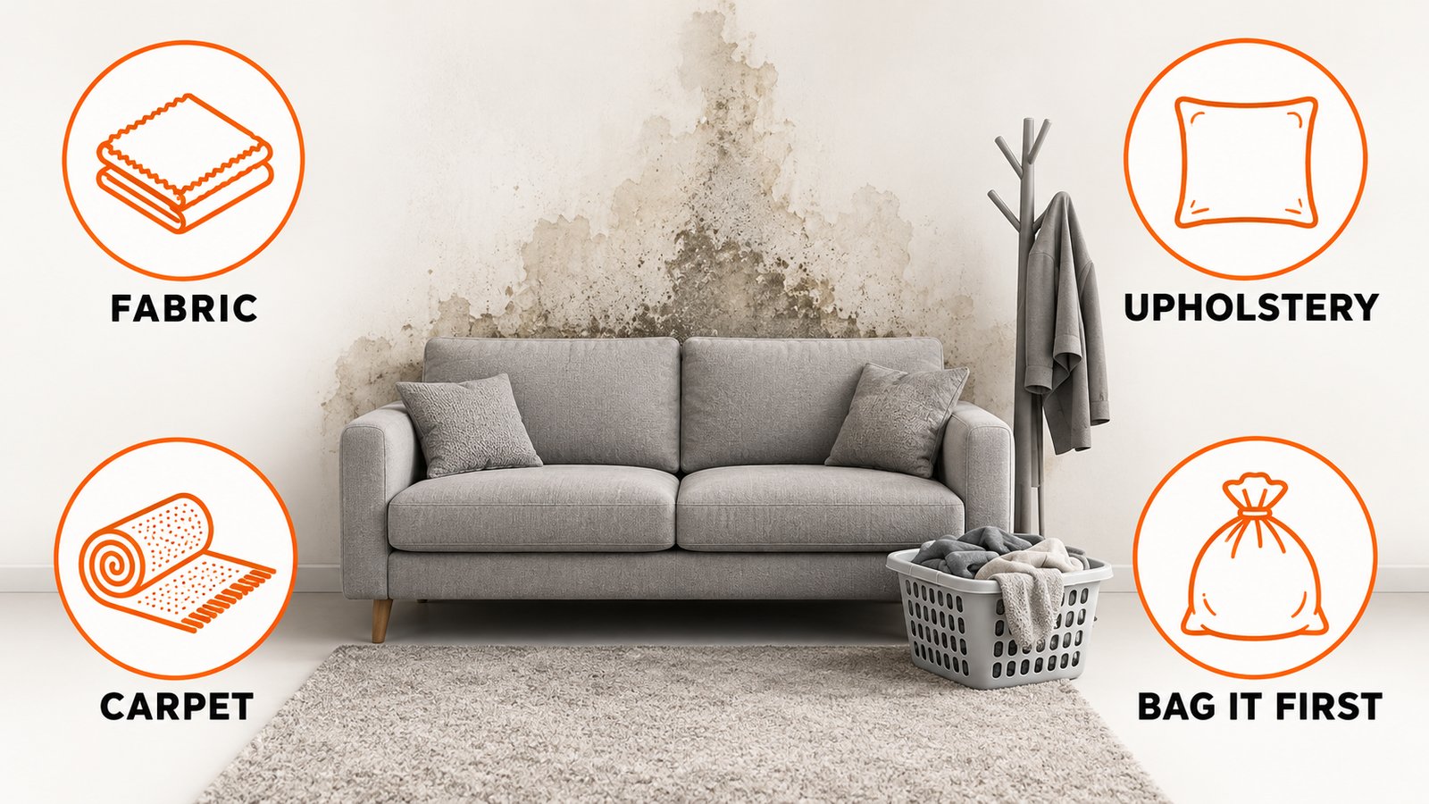 A sofa and a coat rack against a damp exterior wall