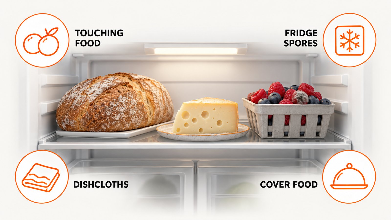 Fruit and bread in a refrigerator with one moldy item