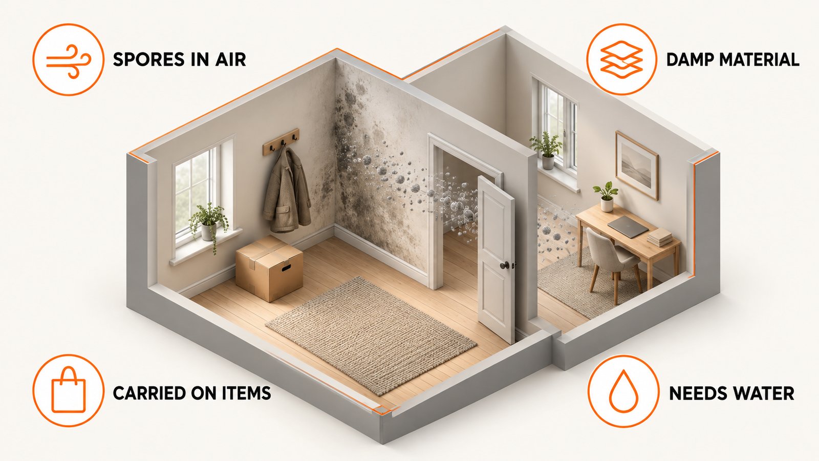 Spores drifting from one damp patch toward other parts of a house