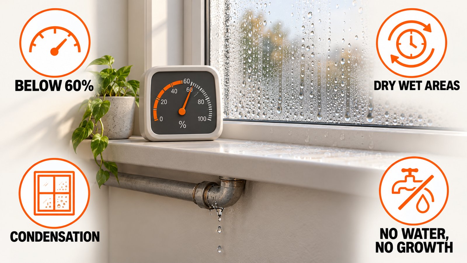 A humidity meter beside a window with condensation