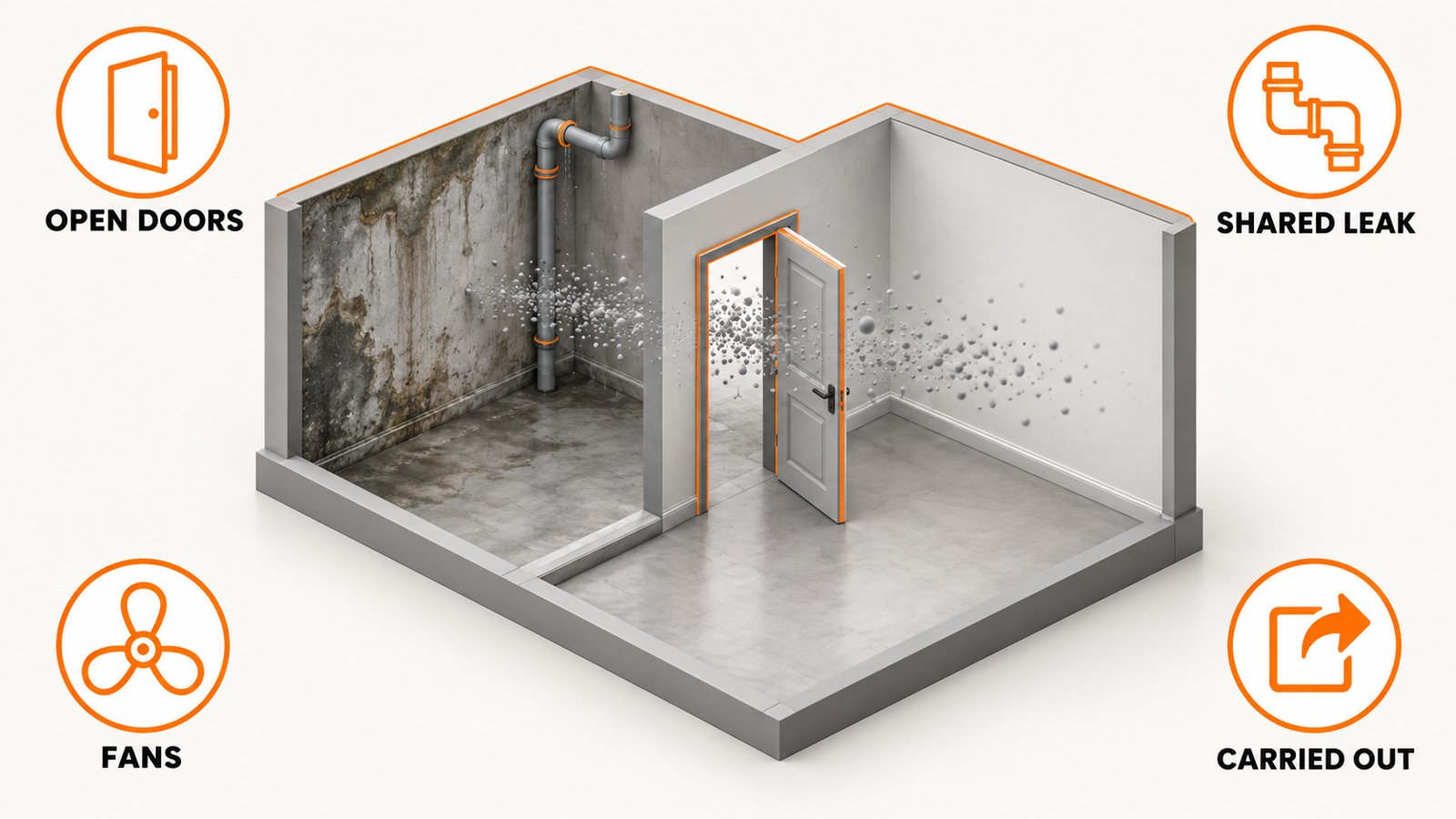 Spores moving through an open doorway from a damp room to a dry one