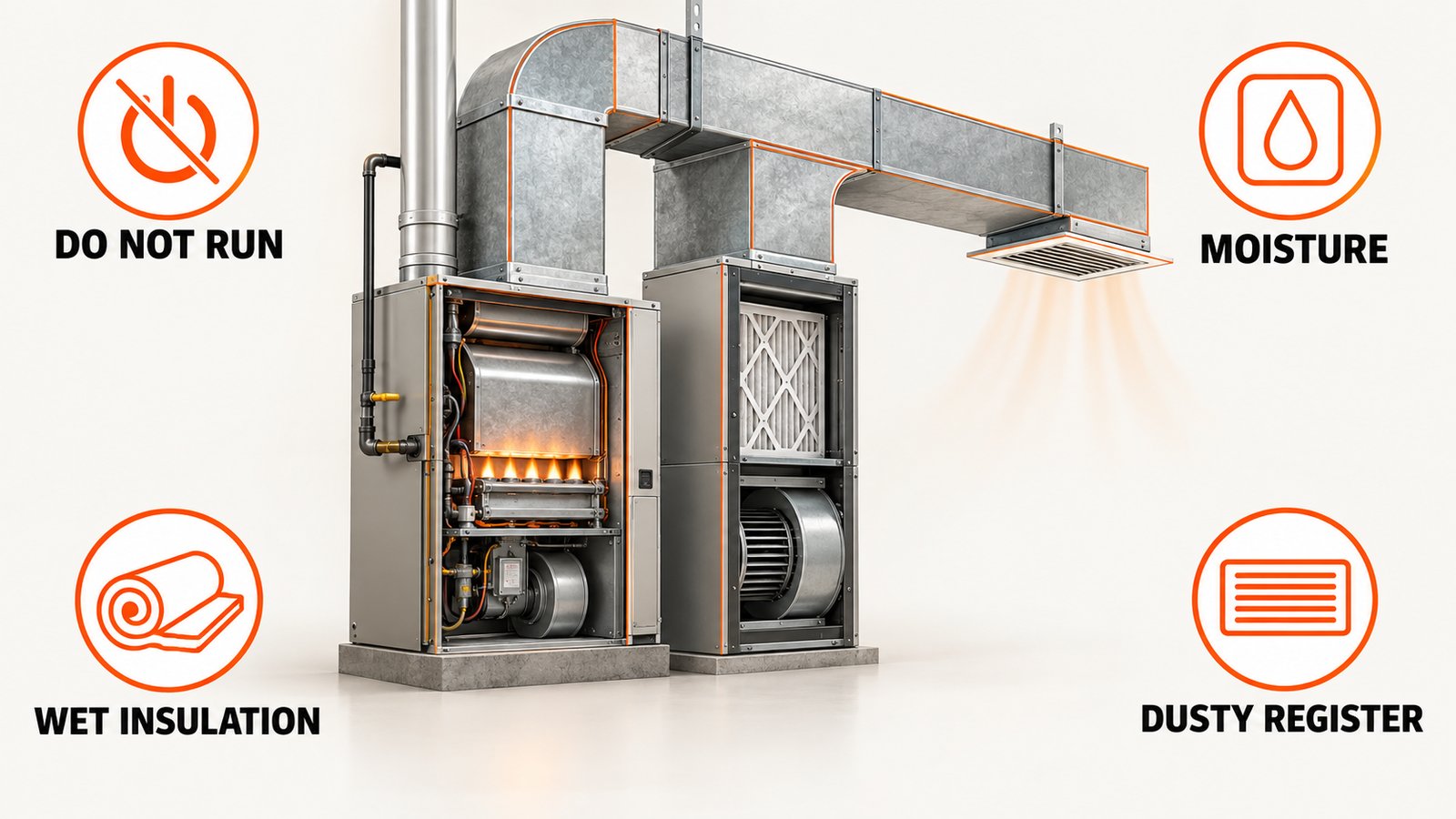 Air handler, duct run and register in a house