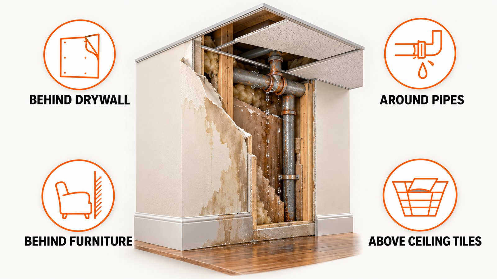 A wall cutaway showing water inside the cavity and mold on the back of drywall
