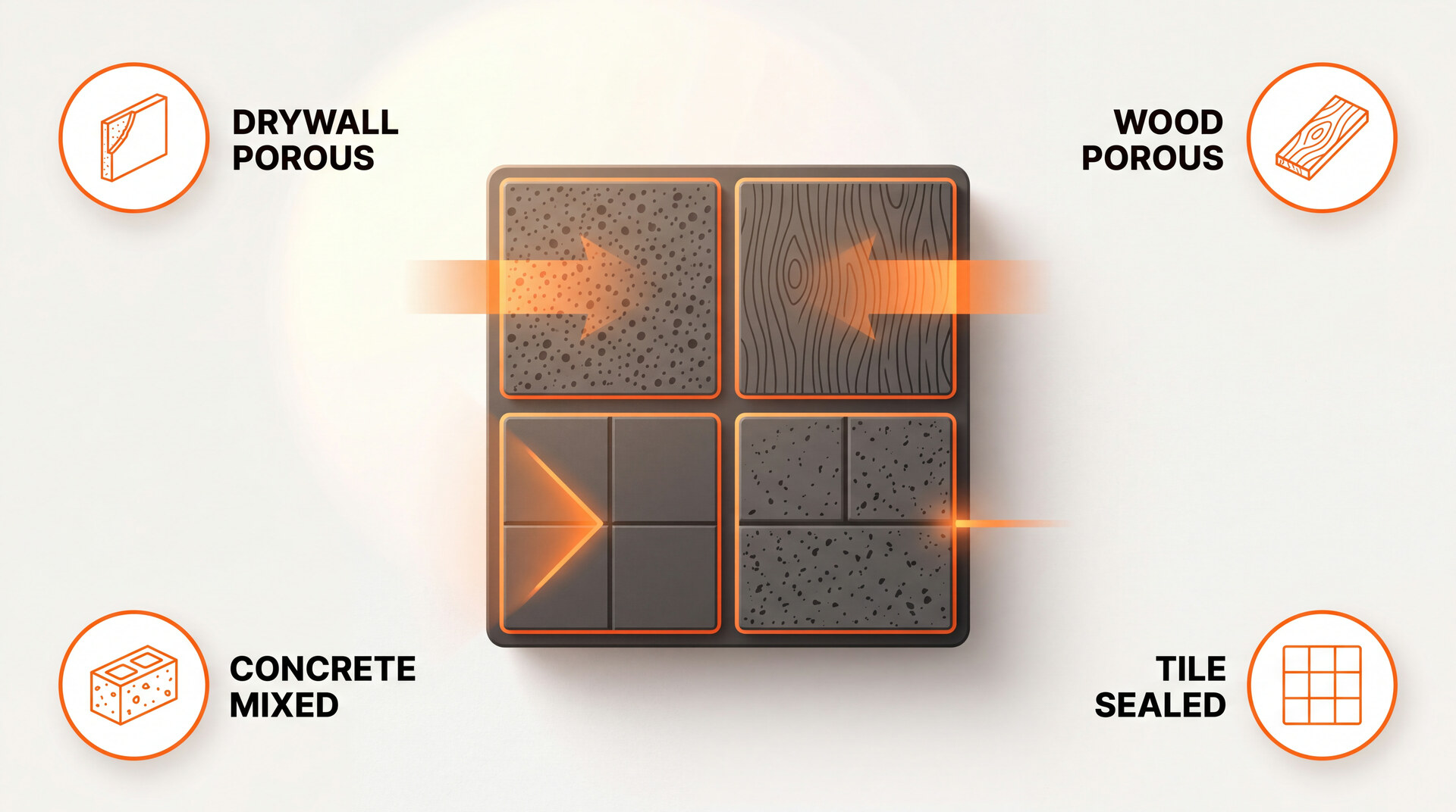 Four building material samples showing how far mold penetrates each one, labelled drywall porous, wood porous, tile sealed and concrete mixed